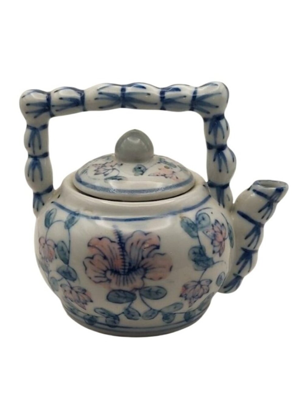 Vintage Porcelain Hand Painted Floral Teapot For One Bamboo Style Handle Asian